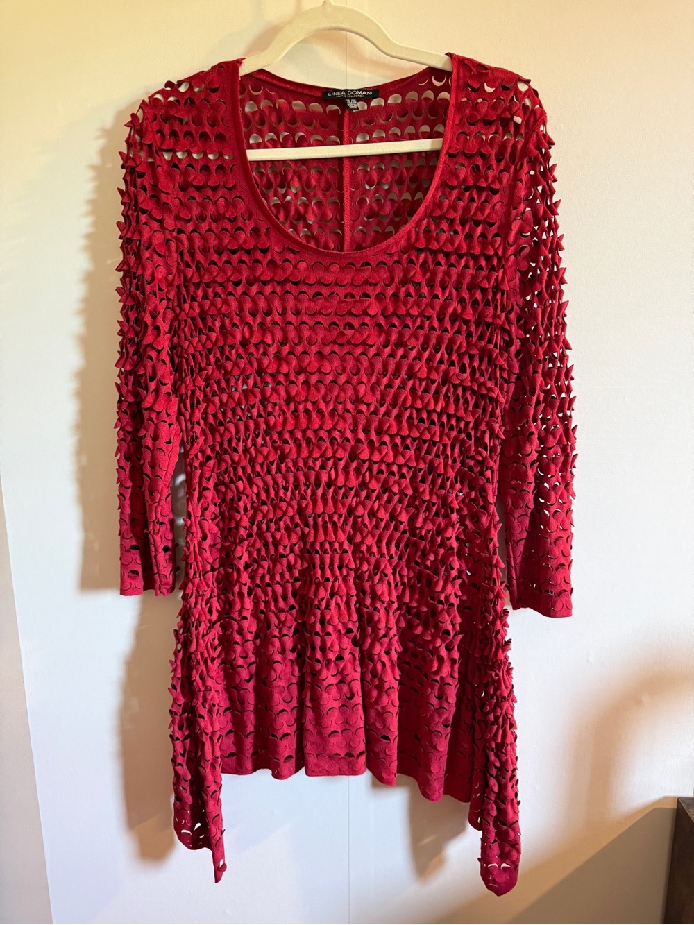 Linea Domani Red Laser Cut Tunic Top XL Artsy Lagenlook Asymmetrical